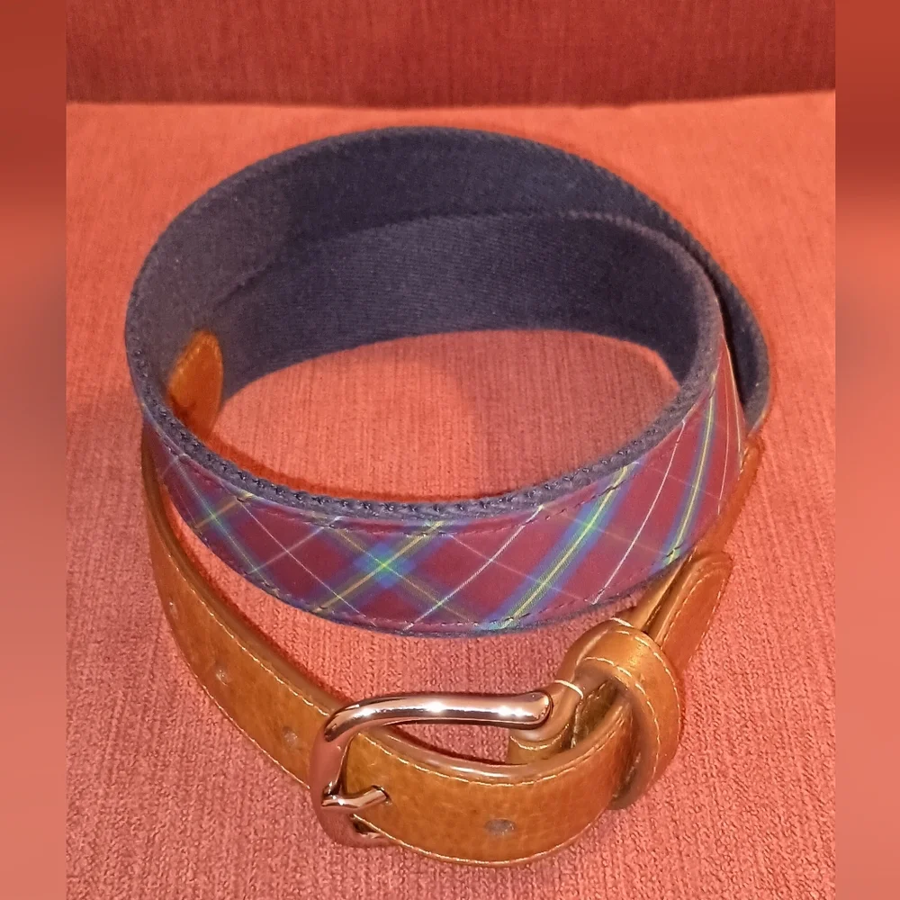 Donald Ross Navy Red Plaid men's Cotton Leather Belt 36